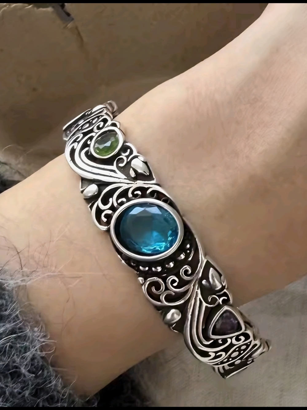 925 Sterling Silver Cuff Bracelet w/ Blue Topaz And Green amethyst and Gemstone